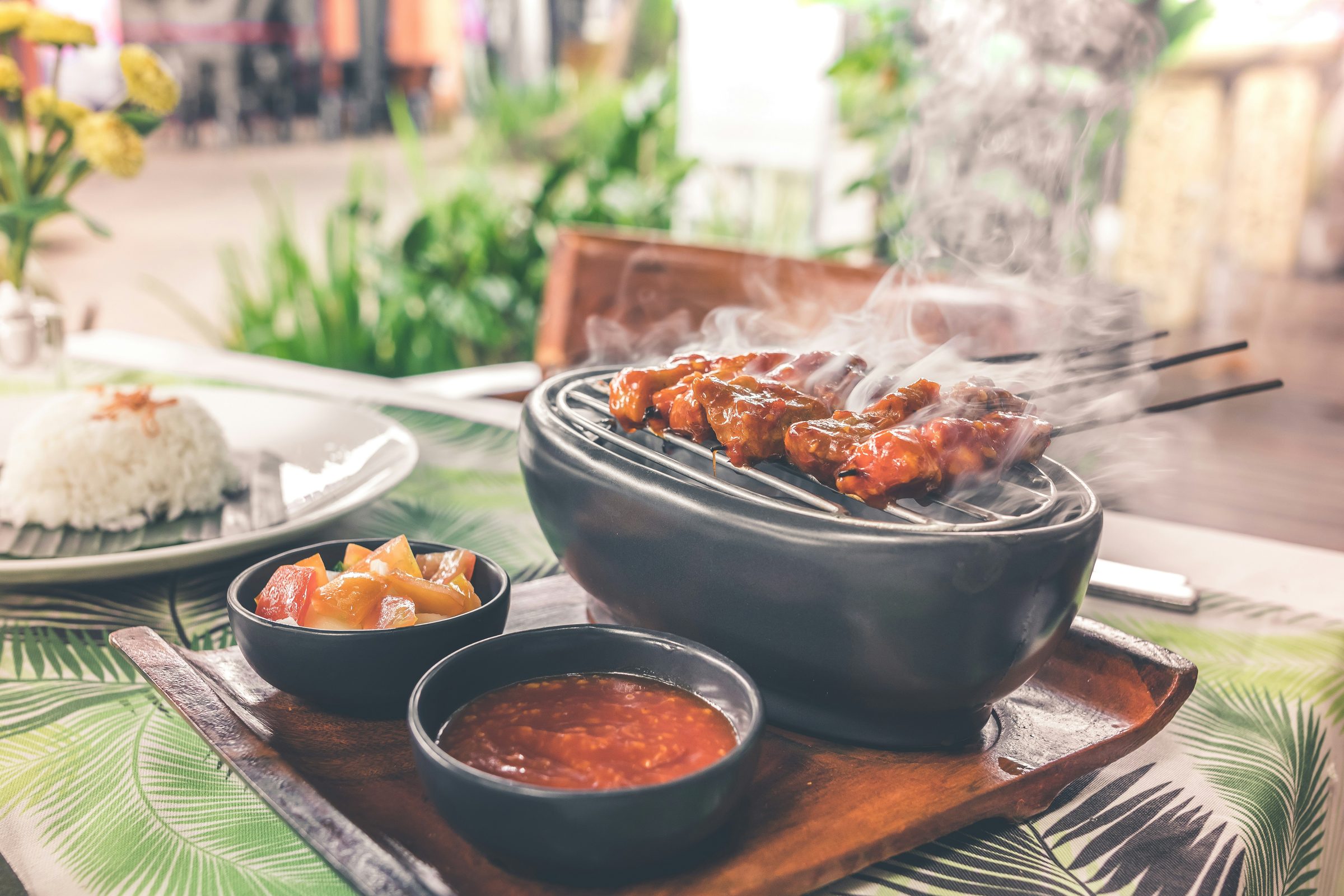 Grilled satay with rice and sambal